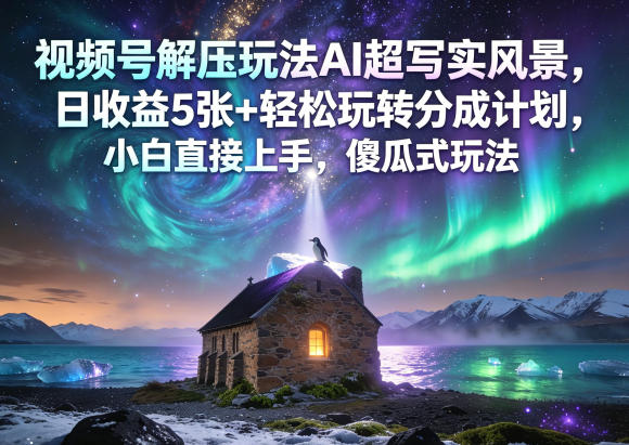 视频号解压玩法AI超写实风景，日收益5张+轻松玩转分成计划，小白直接上手，傻瓜式玩法-财阁