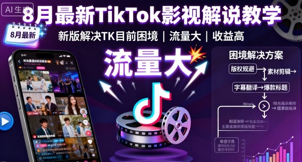 8月最新TikTok影视解说教学，新版解决TK目前困境，流量大，收益高-财阁