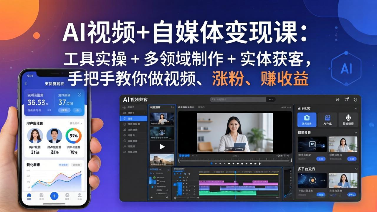 AI视频+自媒体变现课：工具实操 + 多领域制作 + 实体获客，手把手教你做视频、涨粉、赚收益-财阁