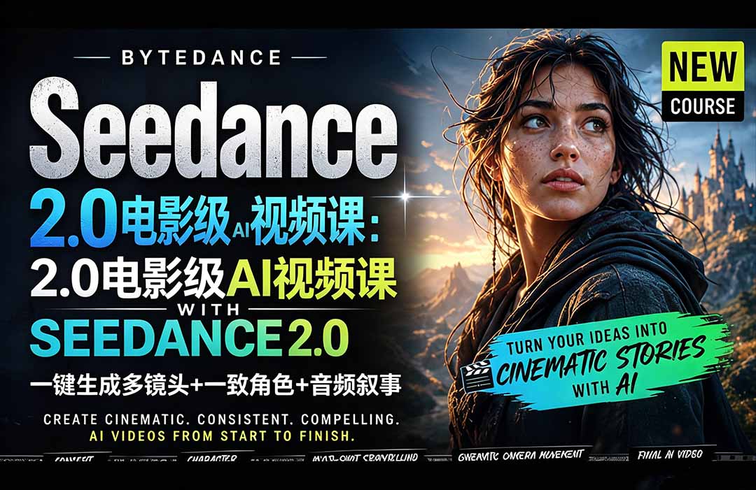 Seedance 2.0电影级AI视频课：一键生成多镜头+一致角色+音频叙事-财阁