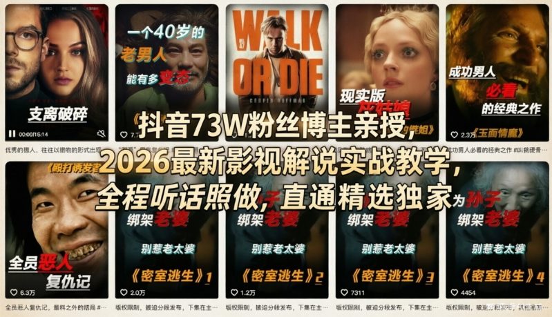 抖音73W粉丝博主亲授，2026最新影视解说实战教学，全程听话照做，直通精选独家-财阁