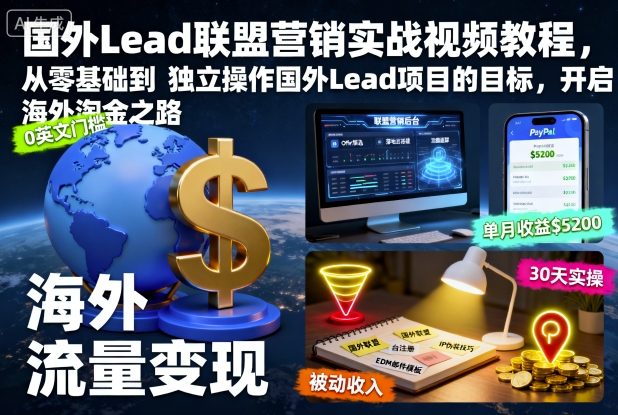 国外Lead联盟营销实战视频教程，从零基础到独立操作国外Lead项目的目标，开启海外淘金之路-财阁