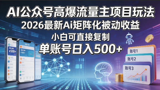 AI公众号高爆流量主项目玩法，2026最新Ai矩阵化被动收益，小白可直接复制，单账号日入500+-财阁
