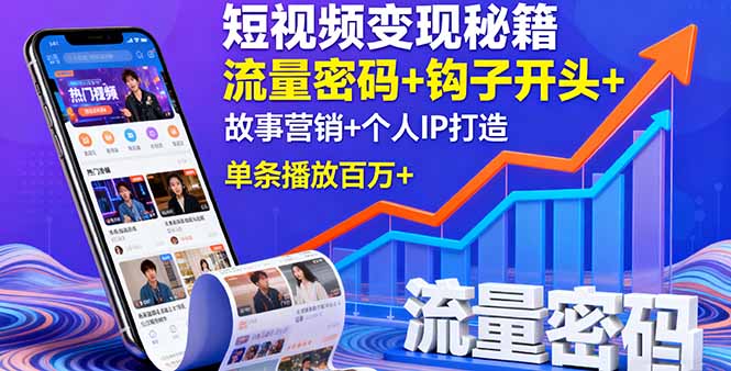 短视频变现秘籍，流量密码+钩子开头+故事营销+个人IP打造，单条播放百万+-财阁