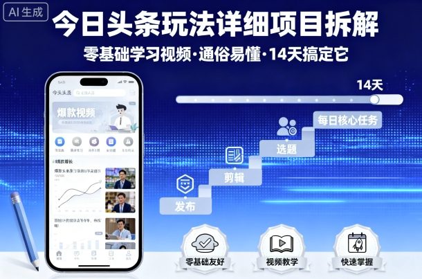 今日头条玩法详细项目拆解，零基础学习视频 通俗易懂 14天搞定它-财阁