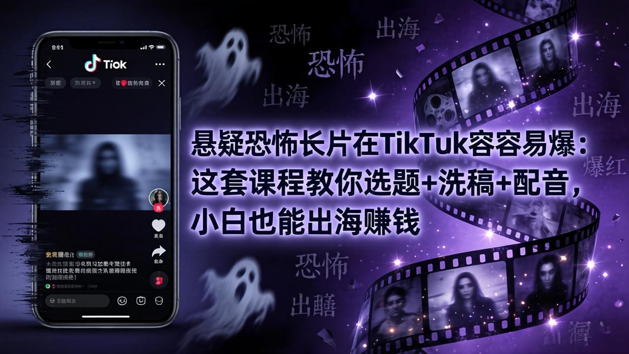 悬疑恐怖长片在TikTok最容易爆：这套课程教你选题+洗稿+配音，小白也能出海赚钱-财阁