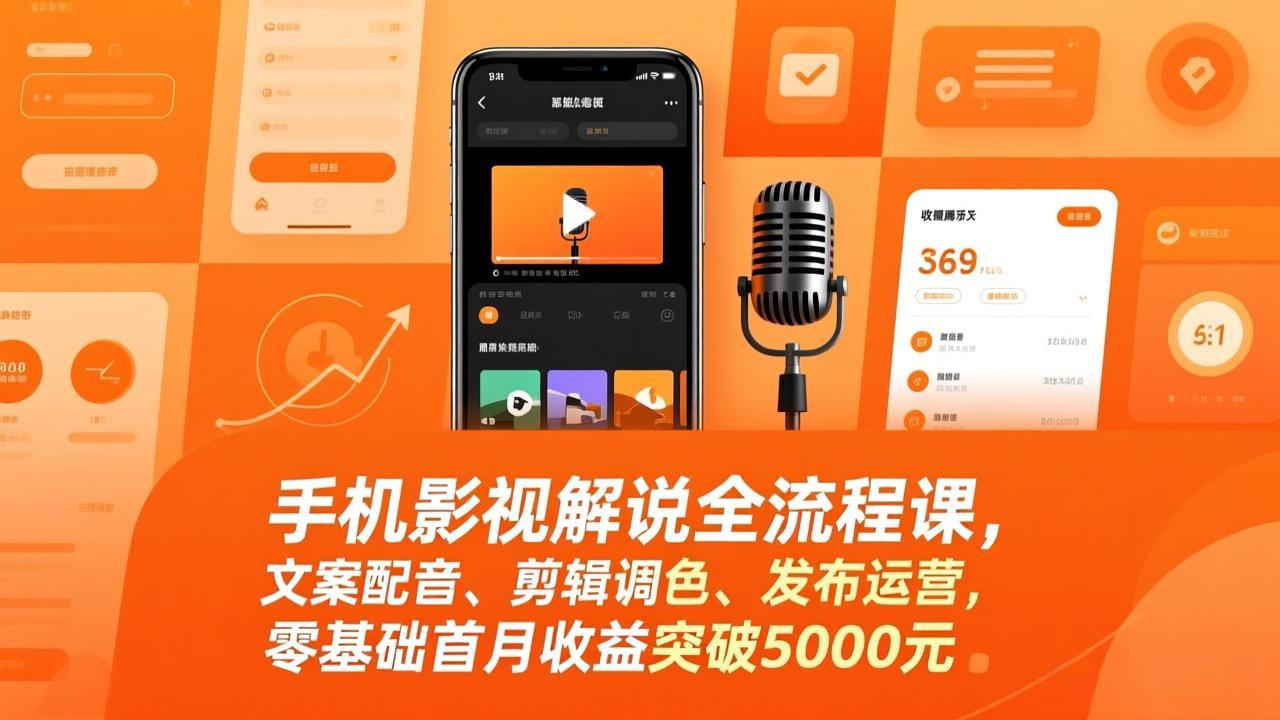 手机影视解说全流程课，文案配音、剪辑调色、发布运营，零基础首月收益突破5000元-财阁