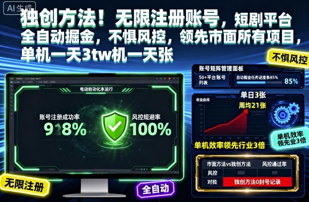 独创方法!无限注册账号,短剧平台全自动掘金,不惧风控,领先市面所有项目,单机一天3张【揭秘】-财阁