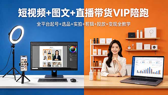 短视频+图文+直播带货VIP陪跑，全平台起号+选品+实拍+剪辑+投放+变现全教学-财阁