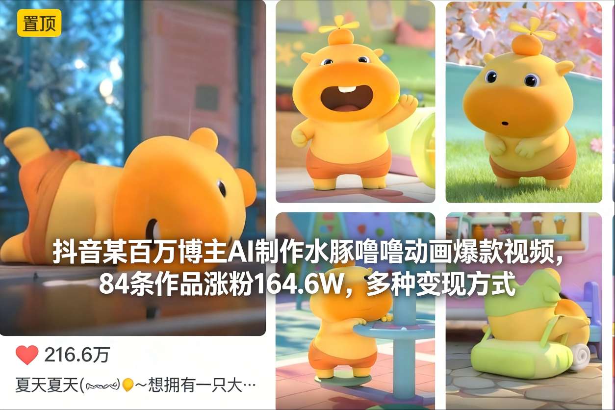 抖音某百万博主AI制作水豚噜噜动画爆款视频，84条作品涨粉164.6W，多种变现方式-财阁